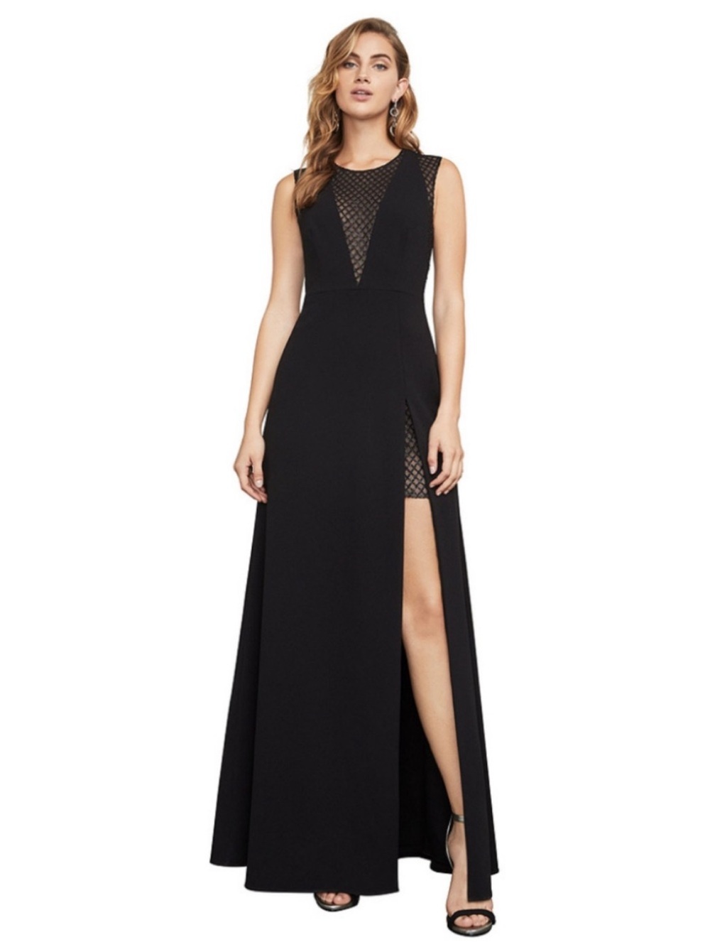 BCBGMAXAZRIA Elegant Black Sleeveless Evening Dress with Lace Insets